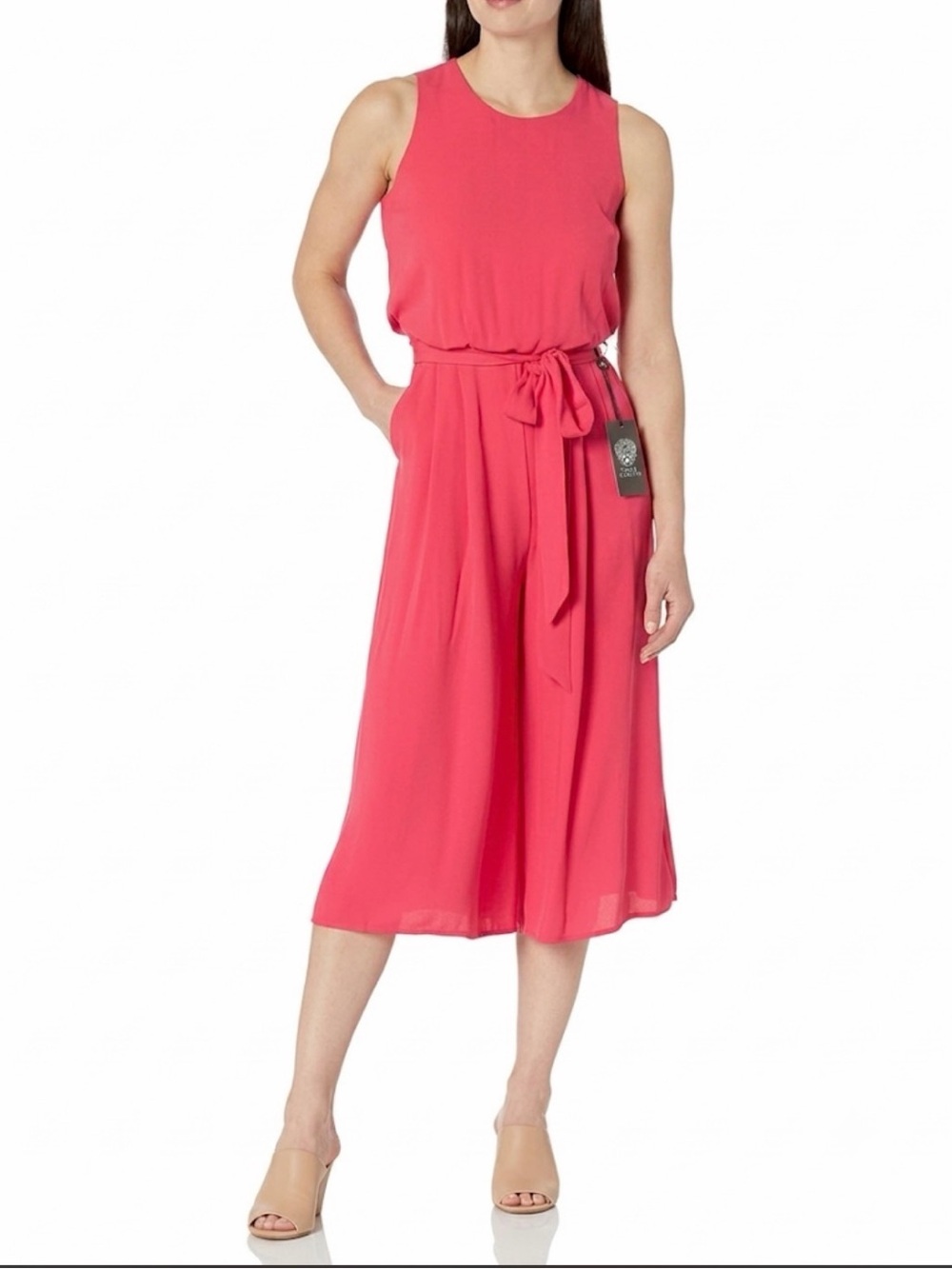 Vince Camuto Sleeveless Tie-Waist Wide-Leg Jumpsuit - Coral